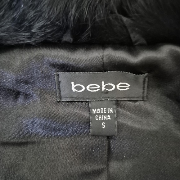 Bebe Jacket Women S Black Quilted Down Rabbit Fur Trim Collar Cuffs Full Zip Vtg - Picture 5 of 10